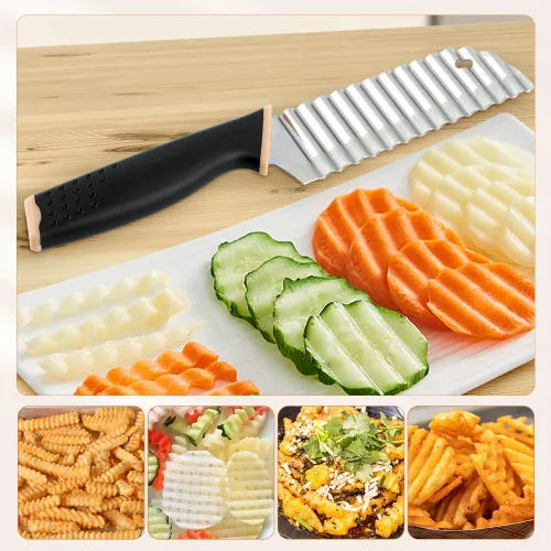 Vista 5 de Cuchillo de corte arrugado, mango de goma, cortador de papas fritas de acero inoxidable con soporte para cebolla, cuchillo para cortar ensalada