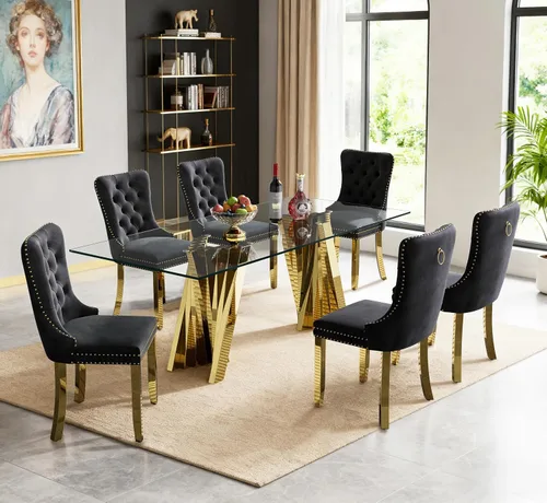 Vista 40 de Juego de mesa de comedor de cristal dorado de 5 piezas, 70 pulgadas, rectangular, moderna, para cocina y comedor, juego para 4, mesa de comedor