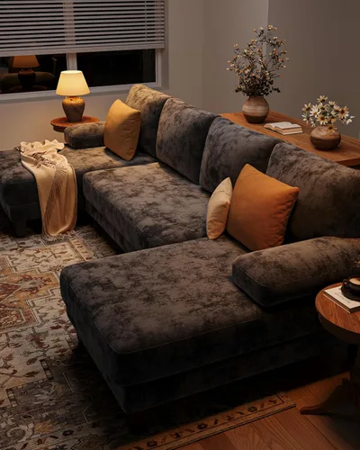 Vista 4 de Sofás seccionales en forma de U para sala de estar, sofá modular moderno de 112 pulgadas, sofá de felpilla gris oscuro con diván doble