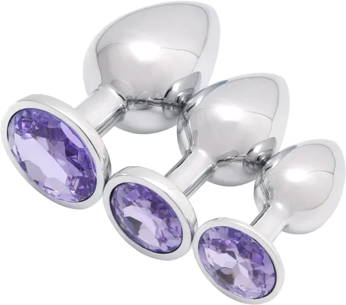 Vista 8 de AKStore 3 tapones anales fetiches de acero inoxidable con diseño de joyas lujosas para fantasías sexuales de bondage, tamaños grande, mediano y Negro