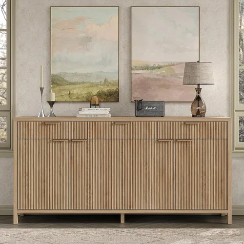 Vista 10 de Yanosaku Aparador Buffet Acanalado de 66" de Ancho, Gabinete de Almacenamiento con 3 Cajones y 2 Gabinetes, Mesa de Bar de Café de Mediados de Siglo