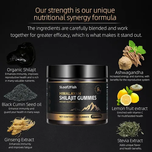 Vista 4 de Gomitas Shilajit orgánicas, gomitas puras del Himalaya Shilajit para hombres, mujeres de oro, minerales naturales de más de 85 traza, ashwagandha