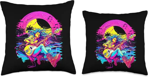 Vista 3 de Retro 80's 90's streetwear synthwave Guitar lady Guitarist Throw Pillow