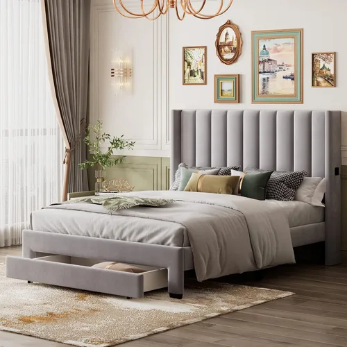 Vista 9 de Merax Moderna cama tapizada con cabecera con respaldo de alas, base de cama con soporte de listones de madera/fácil montaje, tamaño matrimonial