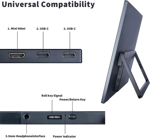 Vista 5 de Monitor portátil de 15.6 pulgadas, pantalla IPS 1080P FHD 60Hz, 72% sRGB HDMI USB-C monitor externo para laptop, PC, MacBook, teléfono, Xbox PS5/4