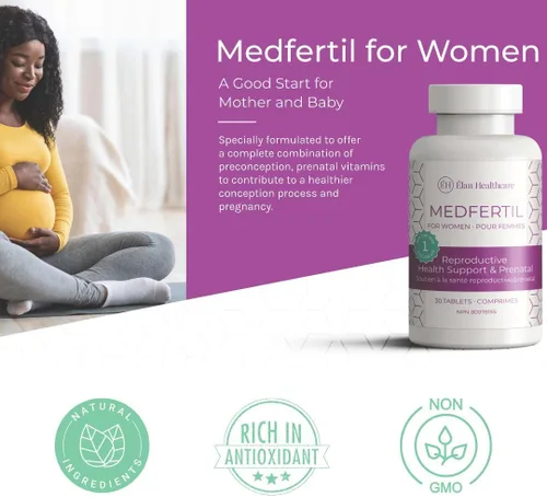 Vista 2 de MedFertil Soporte de fertilidad, vitaminas prenatales con hierro, mio-inositol, ácido fólico, yodo, biotina y vitaminas B, 30 tabletas