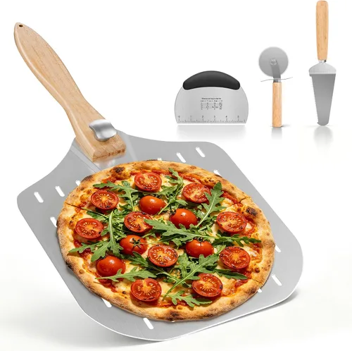 Vista 10 de Kit de accesorios para horno de pizza de 4 piezas, incluye cáscara de pizza perforada de 12 pulgadas, cáscara redonda de torneado de pizza de 9