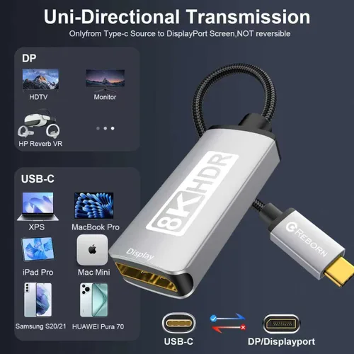 Vista 6 de Adaptador unidireccional USB C a DisplayPort 1.4 de 32.4 Gbps, 4K a 240 Hz, 8K a 60 Hz y soporte HDR, Thunderbolt 3/4 a puerto de pantalla