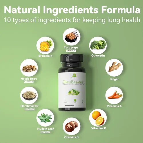 Vista 3 de OmniBreathe Suplemento de desintoxicación pulmonar y apoyo respiratorio Hoja de gordolobo, cordyceps, NAC y vitaminas para una respiración clara