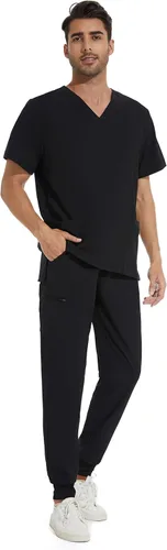 Vista 3 de COZYFIT Conjunto de ropa quirúrgica para hombre camiseta elástica con cuello en V y pantalón deportivo con 8 bolsillos, cintura de yoga, ropa