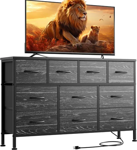 Vista 8 de Lulive Cómoda negra de 10 cajones para dormitorio, soporte de TV con toma de corriente, cómoda central de entretenimiento para TV de 55 pulgadas