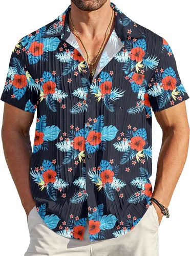 Vista 43 de COOFANDY - Camisas de botones casuales para hombre, de manga corta, con textura, camisa de playa de verano con bolsillo