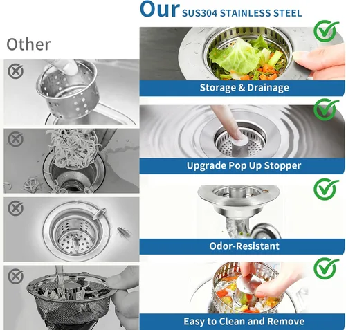 Vista 4 de La solución definitiva para fregadero de cocina: colador y tapón de drenaje 3 en 1. Acero inoxidable 304, antiobstrucción, antiolor para desagües
