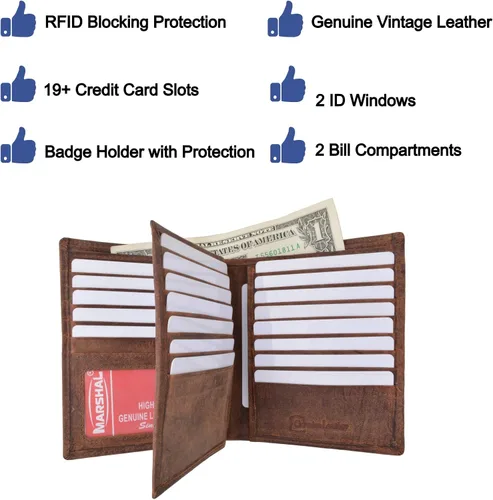 Vista 3 de Marshal Cartera plegable de cuero genuino con bloqueo RFID para hombres ranuras para tarjetas 2 compartimentos para billetes ventanas