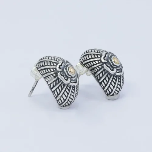 Vista 3 de huggie earrings stud 925 sterling silver decorated with flower ornament and woven art