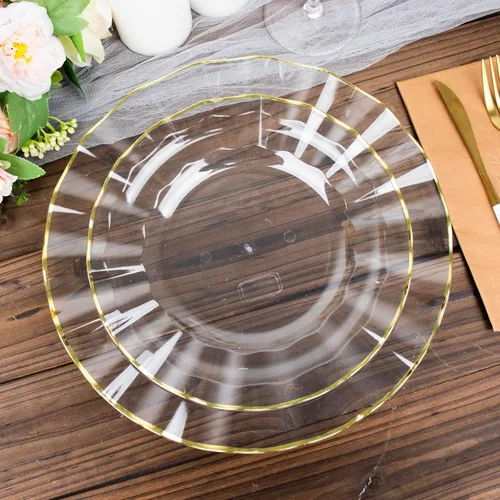 Vista 38 de Tableclothsfactory Paquete de 10 platos redondos de plástico negro de 6 pulgadas para ensalada de postre, platos desechables con borde ondulado