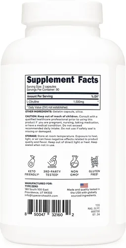 Vista 4 de Type Zero Cápsulas de L-citrulina (180 cápsulas) (1500 mg por porción), sin OMG