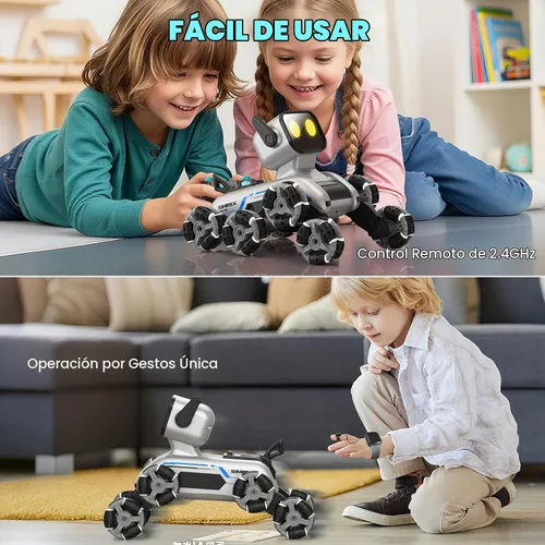 Vista 5 de SIMREX Robot Perro RC Coche de Acrobacias Juguetes - Coche de control remoto con detección de gestos con ruedas Mecanum, ojos LED, 3 efectos