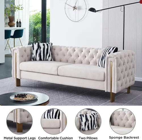 Vista 10 de Sofá moderno para sala de estar, sofá tapizado de lino de 84 pulgadas con botones copetudos, 2 almohadas y patas de metal, muebles decorativos