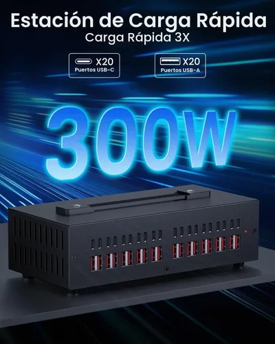 Vista 3 de Estación de carga USB~c de 300W, bloque de cargador USB de 40 puertos (20 USB A y 20 USB~C), estación de carga rápida para múltiples dispositivos
