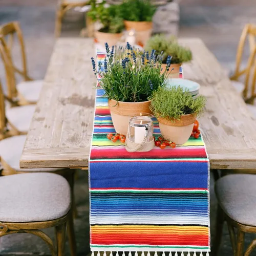 Vista 5 de Moukeren 16 caminos de mesa de serape mexicano, 14 x 84 pulgadas, arco iris, bohemio, con flecos, de algodón, decoración de fiesta temática mexicana