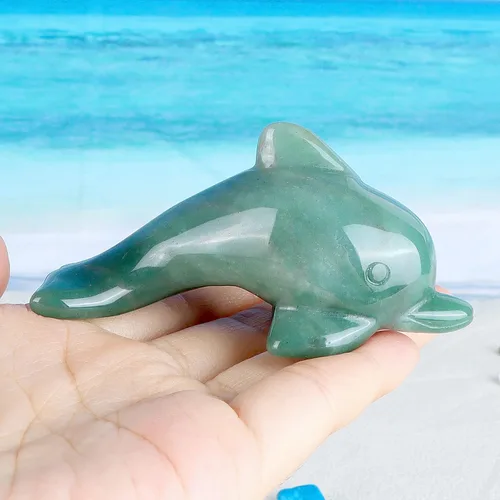 Vista 3 de Figuras de delfín de cristal de aventurina verde de 3 pulgadas, delfines de jade, estatua de animales marinos, escultura de piedras preciosas
