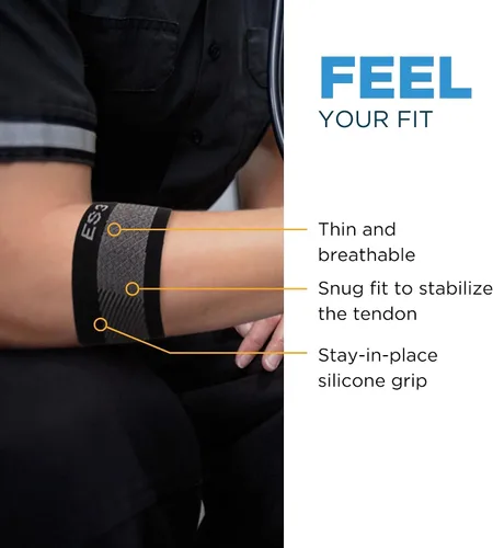 Vista 5 de OrthoSleeve Codera ES3 diseñada para prevenir y revivir el dolor asociado con codo de tenista, codo de golfista, dolor general de codo y dolor