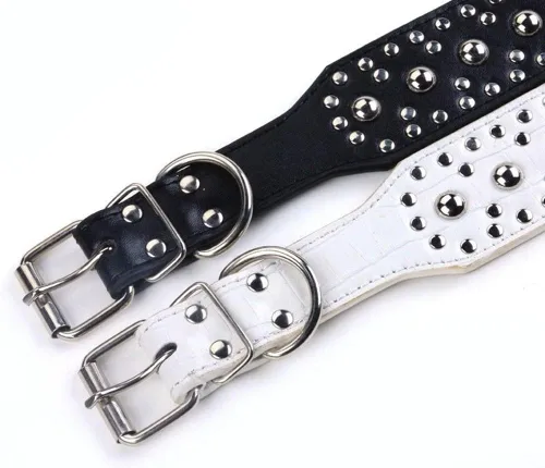 Vista 3 de Serijoars Collar de cuero de 2 pulgadas de ancho, collar resistente con tachuelas, ajustable para perros medianos y grandes (M, negro)