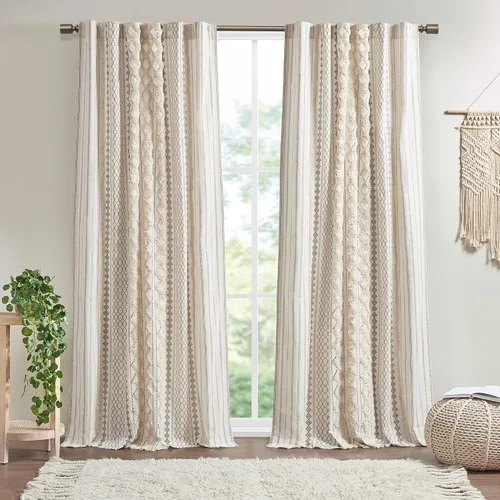 Vista 11 de INK+IVY Cortinas Boho para Dormitorio PANEL ÚNICO Cortinas de Ventana para Sala de Estar, 100% Algodón con Rayas de Chenilla Copetuda Estilo Granja