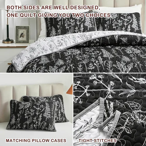 Vista 5 de Juego de edredón de 2 piezas individual, diseño botánico reversible negro y blanco, colcha de microfibra suave y suave, funda de cama para todas
