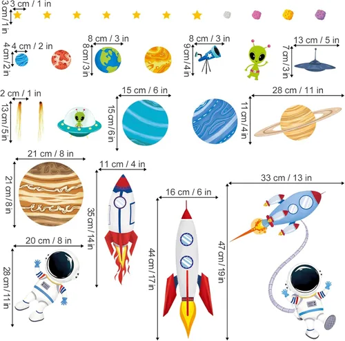 Vista 4 de decalmile Adhesivos de pared para niños, diseño de cohetes y planetas, astronauta