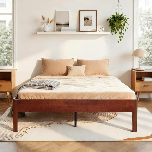 Vista 8 de Base de cama de plataforma de tamaño matrimonial para dormitorio, marcos de cama de madera resistente de 14 pulgadas con listones de madera, fácil
