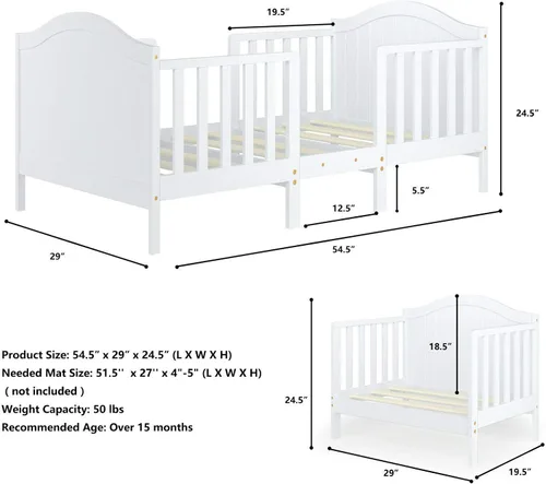 Vista 7 de Costzon Cama convertible 2 en 1 para niños pequeños, cama clásica de madera para niños con 2 barandillas laterales, estribo para mayor seguridad