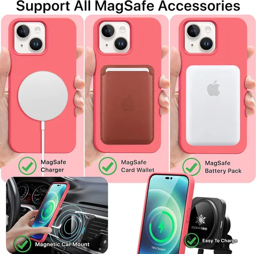 Vista 2 de IceSword Funda magnética para iPhone 14, funda de silicona Berry [carga rápida] imanes fuertes, forro de microfibra delgado, rosa intenso dulce
