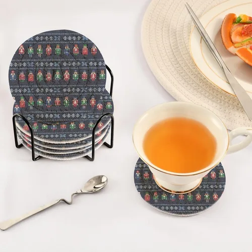 Vista 5 de 6 Pcs Drink Coasters with Holder Retro Nutcracker Snowflake Blue Coasters for Drinks Absorbent Woven Decorative Coaster for Kitchen Apartment Decor