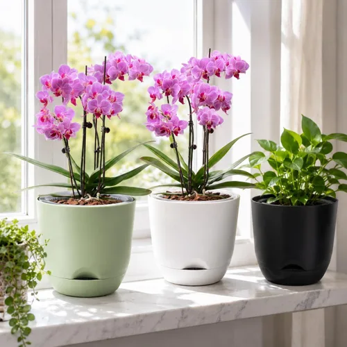 Vista 6 de QCQHDU Macetas de orquídeas de 7.2 pulgadas con agujeros para trasplantar, macetas de plástico de doble capa con riego automático para plantas