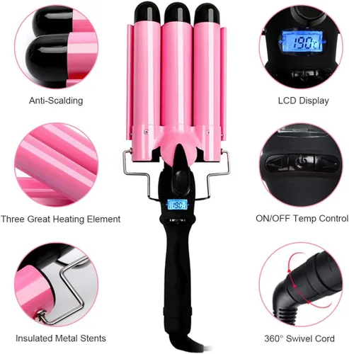 Vista 3 de Plancha rizadora de 3 barriles de cerámica con pantalla LCD y herramienta de doble voltaje para mujeres, ondas de playa con temperatura ajustable
