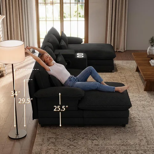 Vista 9 de Sofá nube en forma de U de 130 pulgadas con casa para gatos, sofá modular de gran tamaño para sala de estar, cómodo sofá grande de chenilla, juego