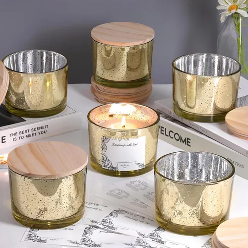 Vista 2 de Simeitol Tarros de vela dorados de 16 onzas para hacer velas, 6 unidades, tarro de vela de vidrio con tapas herméticas de bambú, tarros de velas