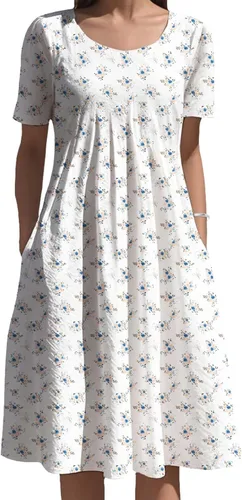 Vista 7 de Vestidos bohemios para mujer, estampado floral, manga corta, cuello redondo, talla grande, vestido de vacaciones con bolsillos para verano 2025
