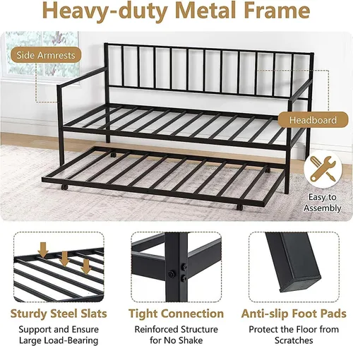 Vista 3 de Majnesvon Sofá cama de metal con nido, marco de cama de día de tamaño individual con nido extraíble, cama resistente para sala de estar, dormitorio
