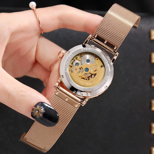 Vista 4 de RORIOS Reloj mecánico automático de las mujeres Auto-Winding Esqueleto Dial Correa de acero inoxidable Señoras Relojes de pulsera