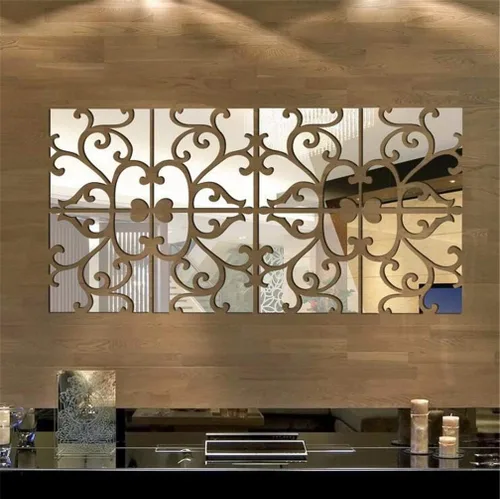 Vista 3 de Calcomanías de pared de espejo 3D, 4 piezas de calcomanías de pared de arte de cristal acrílico, autoadhesivas, espejo extraíble, azulejos de pared