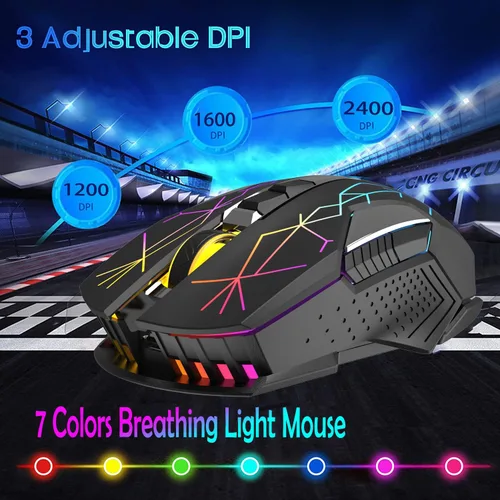 Vista 4 de Ratón inalámbrico para juegos recargable con retroiluminación RGB de arcoíris silencioso, 2.4 G, sensor óptico de 3 niveles DPI, computadora