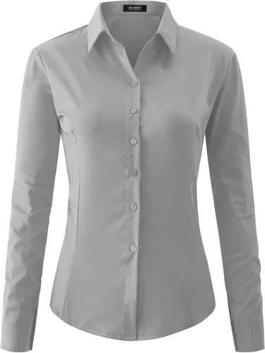 Vista 10 de Jonivey - Camisa de vestir de manga larga elástica con botones para mujer, suave, sin arrugas, para trabajo, casual, negocios, oficina