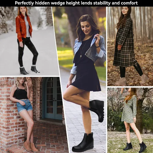 Vista 6 de Athlefit Botines de cuña para mujer, cómodos y sin cordones, de cuero, con plataforma
