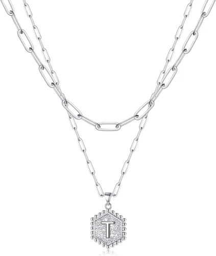 Vista 51 de M MOOHAM - Delicado collar de oro para mujer, de 14 quilates, en capas, lindos collares con letra hexagonal con inicial para mujer, regalos