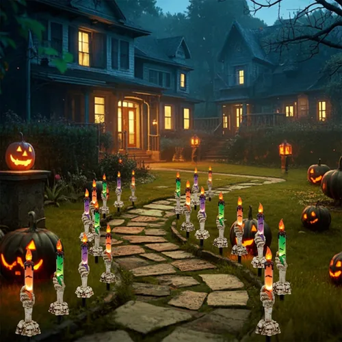 Vista 6 de WATERGLIDE Juego de 5 estacas de luz para velas de Halloween, diseño de manos de esqueleto, resistentes al agua, funciona