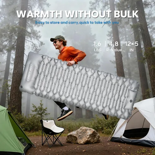 Vista 7 de Colchoneta de dormir para acampar con valor R de 4.8, alfombrilla de campamento ultraligera con almohada y bomba de pie integrada, colchoneta