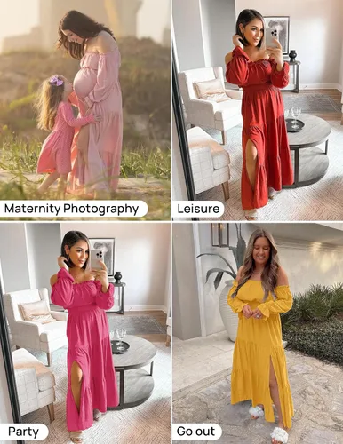 Vista 7 de ZESICA - Vestido largo, bohemio y sexy, con hombros descubiertos y manga larga fruncida, con elástico fruncido, cintura alta y abertura lateral
